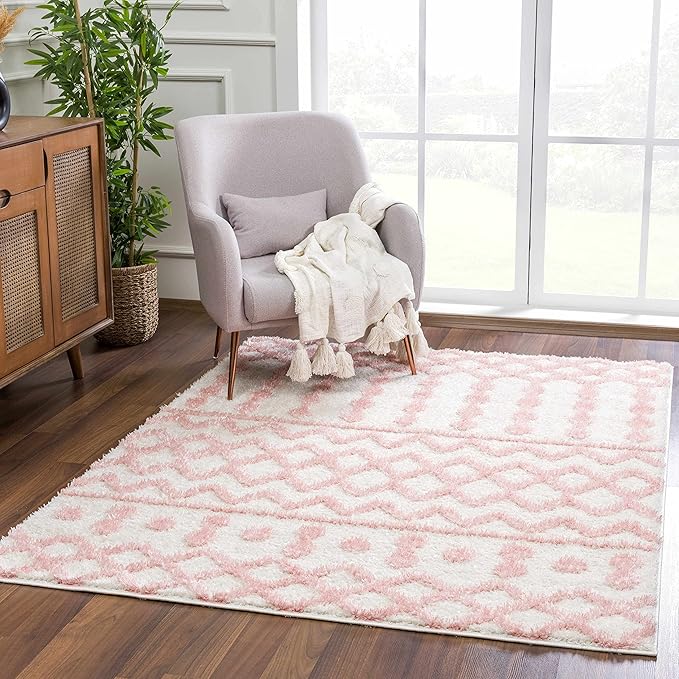 Hauteloom Tilos Moroccan Farmhouse Living Room Bedroom Nursery Shag Area Rug - Shaggy Carpet - Trellis Pattern - High Plush Pile - Cream, Pink, Beige - 5'3" x 7'