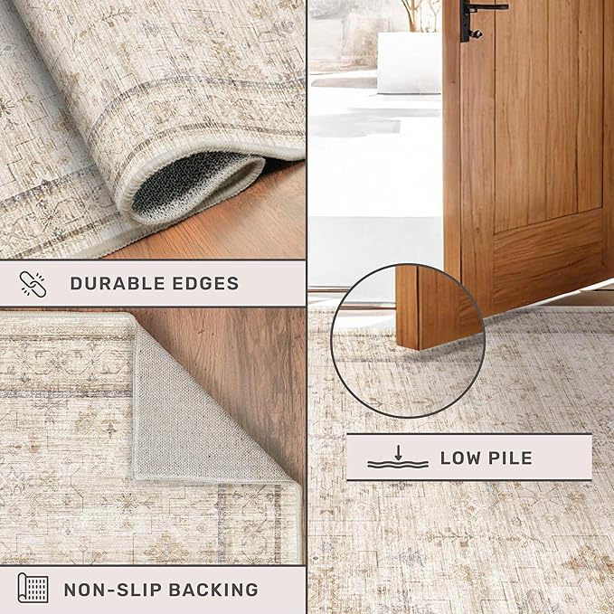 Washable Ivory Living Room Rug, 8x10 Non Slip Area Rugs for Bedroom, Dinning Room Under Table Low Pile Neutral Farmhouse Vintage Foldable Decor