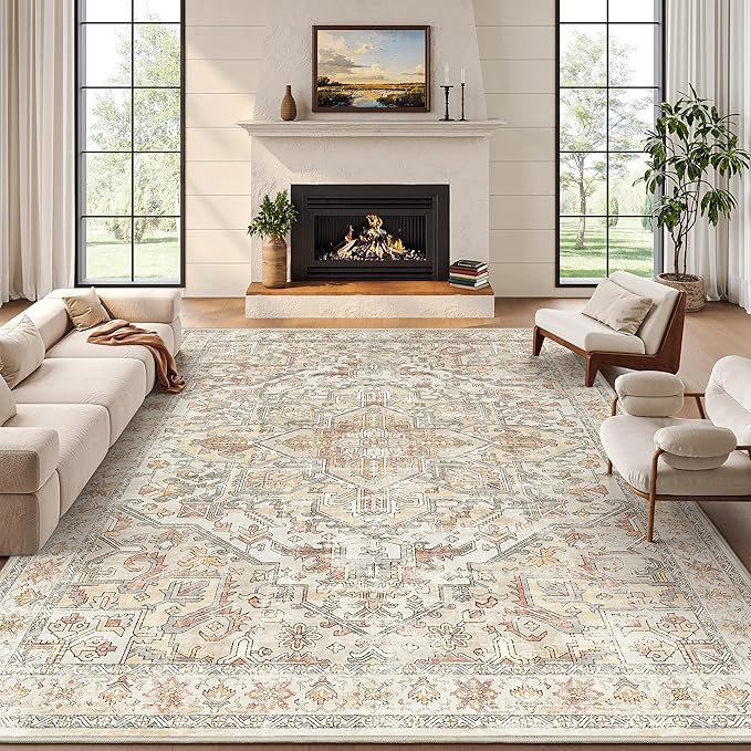 zesthome 9x12 Area Rugs-Washable Rug for Living Room, Non-Slip Backing Rugs, Stain Resistant Rug for Bedroom, Ultra-Thin Low Pile Rugs, Vintage Large Home Decor
