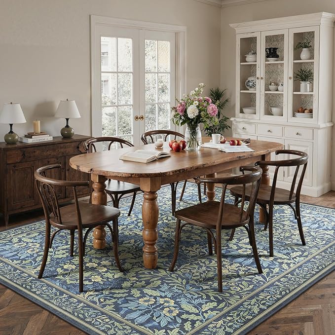 Bavni Floral Dark Blue Area Rugs 8x10, Vintage Boho Carpet Machine Washable, Non Slip Soft Low Pile Thin Rug for Bedroom, Living Room, Dining Room, Nursery