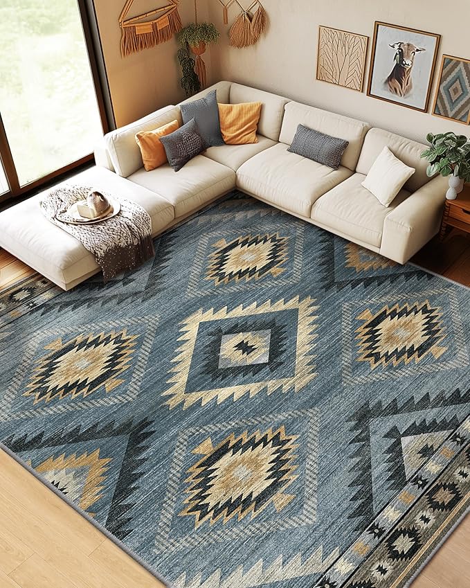 BESTSWEETIE Area Rug 8x10 Rug Machine Washable Non-Slip Low Pile Print Pattern Western Rug for Living Room Bedroom Navy/Grey