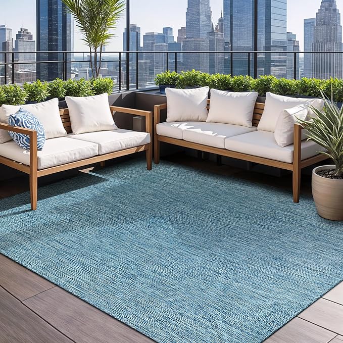 Beverly Rug Indoor Outdoor Rug 8x10, Washable Outside Carpet for Patio, Deck, Porch, Solid Modern Area Rug, Water Resistant, Aqua Blue
