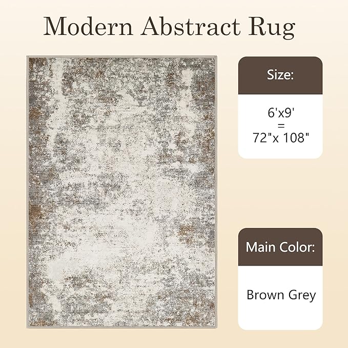 6x9 Washable Area Rugs - Modern Abstract Rugs for Living Room Non-Slip Low Pile Soft Machine Washable Carpet for Bedroom, Dining Room, Nursery, Home Office, Farmhouse (6'x9' Brown Grey)