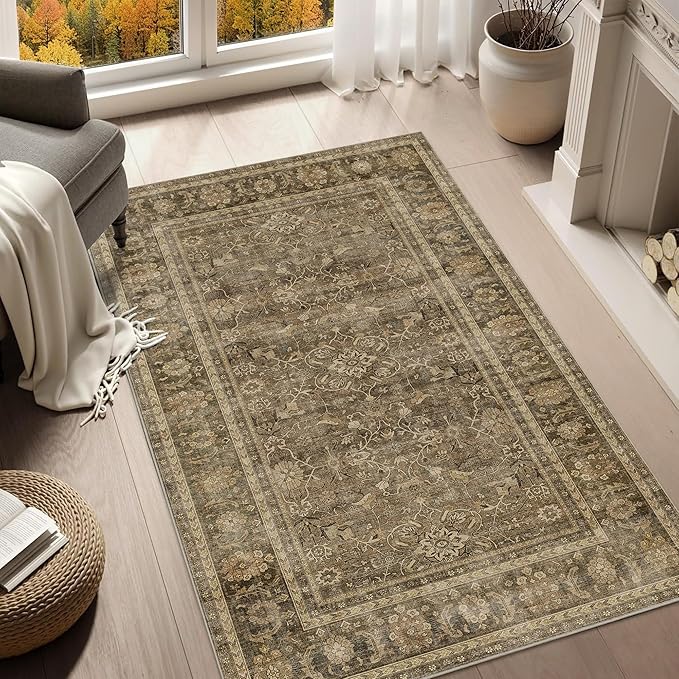 HelloTree Vintage Area Rug 3x5 Brown Entryway Office Washable Carpet Non Slip Backing Printed Distressed Rugs for Bedroom Vintage Boho Tribal Area Rugs for Bathroom Bedroom Dining Living Room-Brown