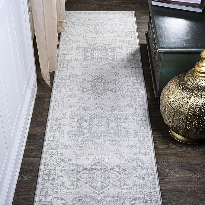 JONATHAN Y Modern Vintage Medallion Light Grey Runner Rug, 2x10, Country, Floral, Easy-Cleaning for Living Room, Bedroom, Kitchen, Pet Friendly, Non-Shedding (MDP108B-210)