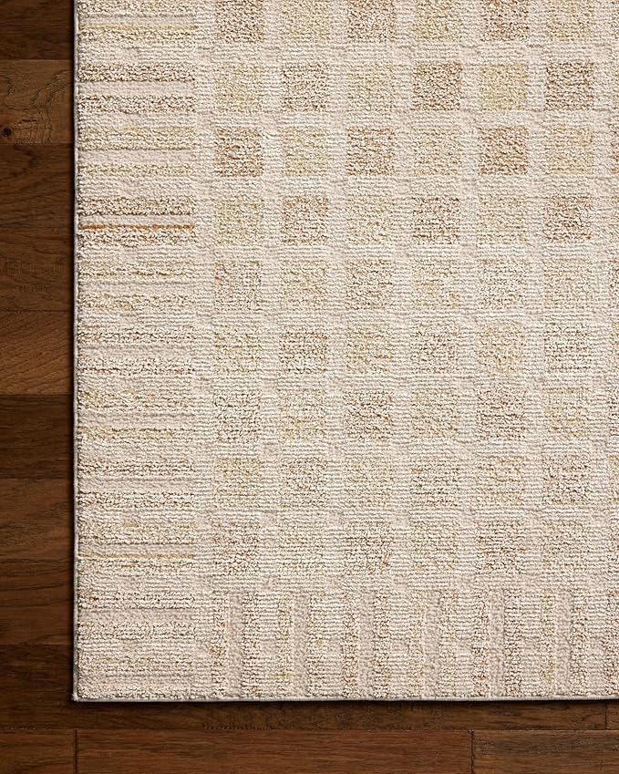 Loloi Chris Loves Julia Calvin Collection CLV-03 Bone/Natural 7'-10" x 7'-10" Round Area Rug Checkered Neutral Soft Living Room Bedroom Carpet