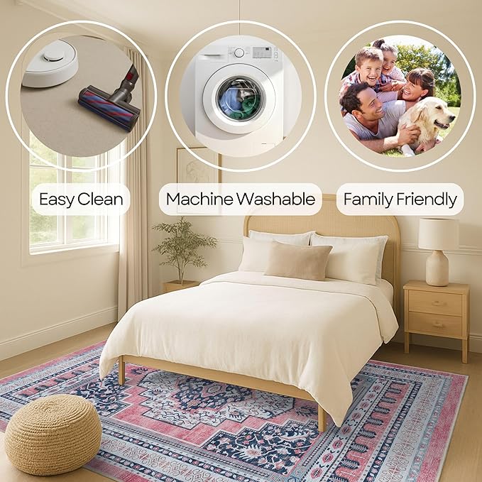 Fame Rugs Turkish Rug. Washable Vintage Oriental Antique Inspired Traditional Doormat Small Modern Area Rugs Luxury Entryway Entry Bedroom Bathroom Kitchen (399TN, 2'5 x 13'1)