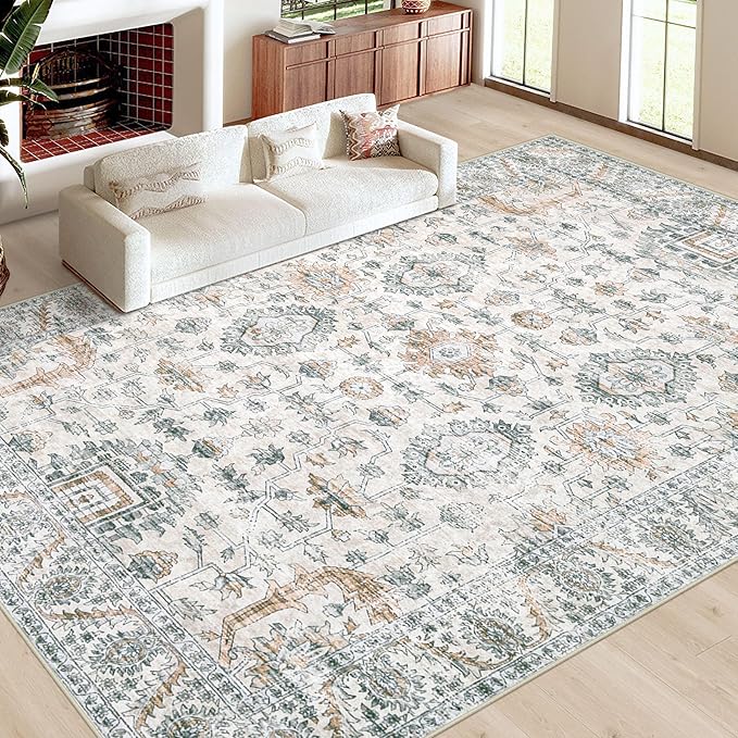 Area Rug 9x12 Living Room Rug, Machine Washable Vintage Distressed Boho Area Rug Non-Slip Soft Low Pile Large Indoor Rugs for Bedroom Kitchen Dining Room Office(Brown Green,9'x12')