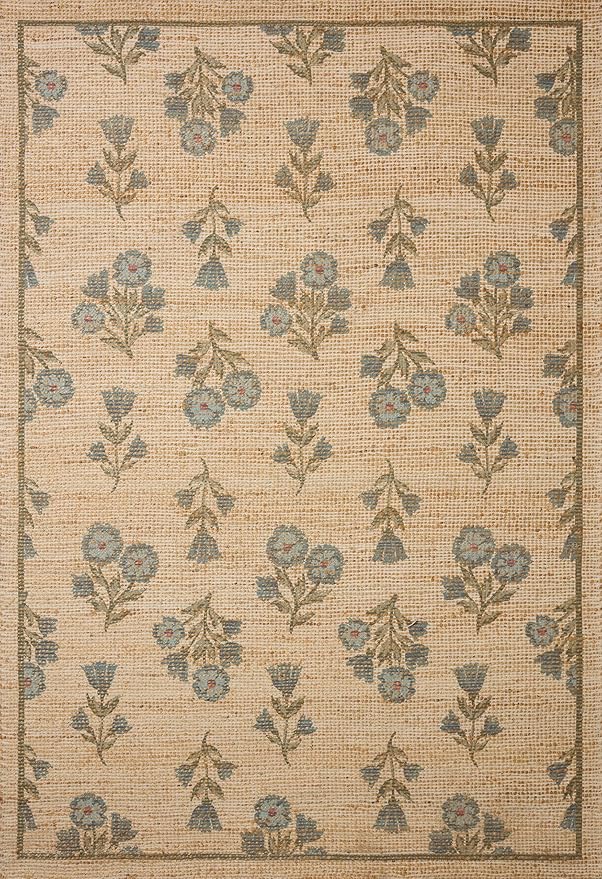 Loloi Chris Loves Julia Rue Collection RUE-04 Moss/Blue 5'-0" x 7'-6" Area Rug Jute Neutral Floral Living Room Bedroom Rug
