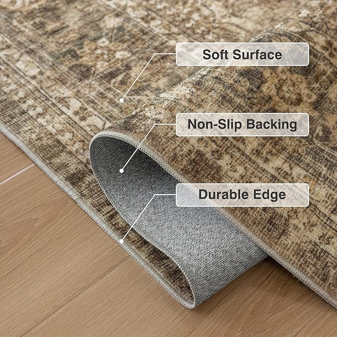 FMFUNCTEX 3x14 Runner Rug Brown Washable Vintage Neutral Distressed Non Slip Low Pile Indoor Carpet Soft Retro Floral Hallway Entryway Rug for Kitchen Living Room Bedroom Bathroom Laundry Bedside