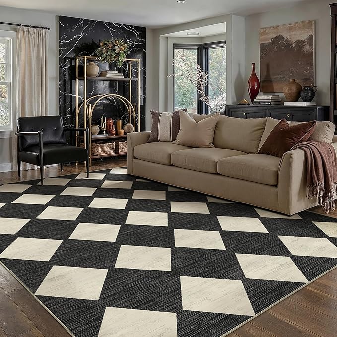 5x7 Checkered Area Rugs for Living Room Black Machine Washable Large Rug Non-Slip Stain Resistant Low Pile Boho Accent Indoor Throw Carpet for Office Bedroom Dining Room Classroom