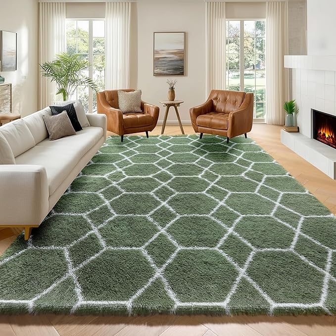 ONASAR 5x7 Area Rugs for Living Room Bedroom, Washable Fluffy Olive Green and White Throw Rug, Geometric Boho Soft Plush Shaggy Floor Carpet for Nursery Kids Girls Boys Teen Dorm Home Decor