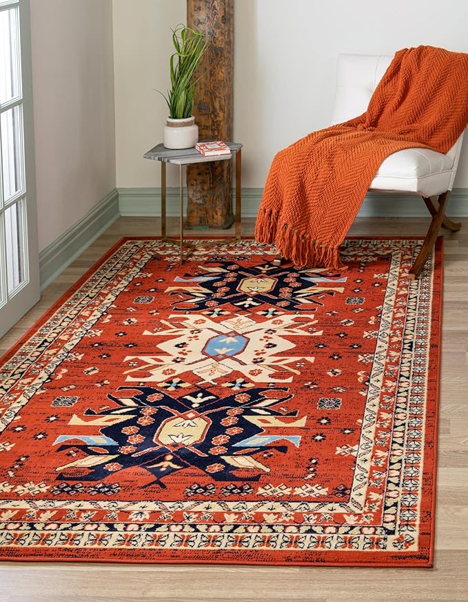 Unique Loom Taftan Collection Border Geometric Tribal Inspired Design Area Rug (8' 0 x 10' 0 Rectangular, Terracotta/ Ivory)