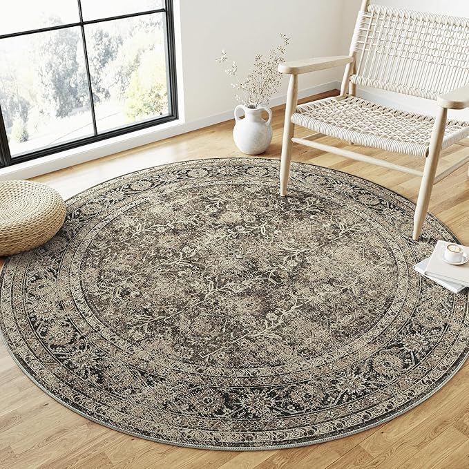 Brown Round Area Rug 4ft Entryway 4x4 Circle Vintage Indoor Kitchen Washable Door Mat Living Room Carpet Non Slip Traditional Distressed Retro Accent Throw Rug Office Dining Room Bathroom