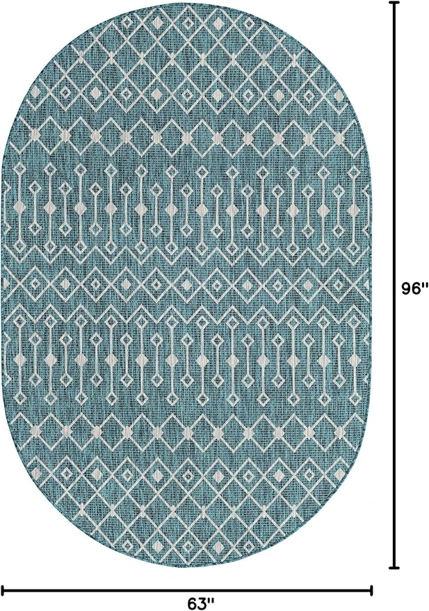 Unique Loom Outdoor Trellis Collection Area Rug - Tribal Trellis (5' 3" x 8' Oval, Teal/ Ivory)