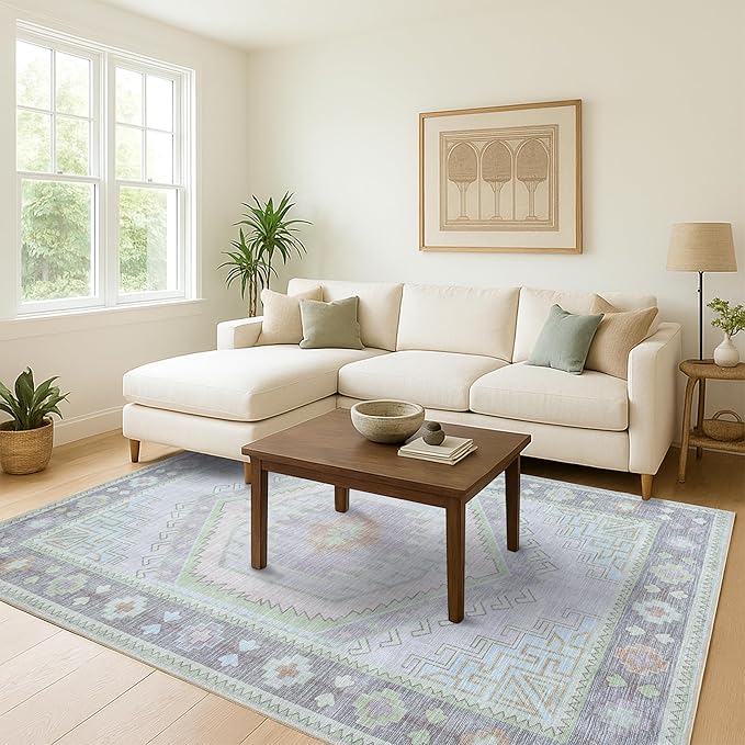 Fame Living Washable Area Rug. Modern Farmhouse. Vintage. Turkish. Bohemian. Distressed. Oriental. Traditional. Rugs for Living Room. Dining. Bedroom. Office. Entryway. Foyer. (856GrnCrm, 2'5" x 9'8")