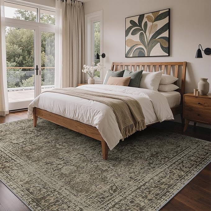 8x10 Area Rug Machine Washable Boho Rug for Living Room,Ultra-Thin Low Pile Carpet,Lightweight Indoor Printed Rug,Non Slip Floral Area Rug for Bedroom, Dining Room, Home Office,Vintage Sage Green