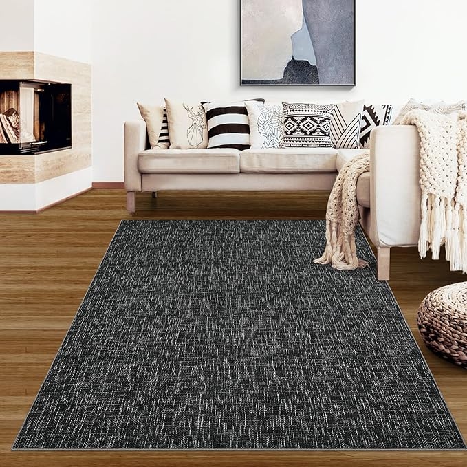 RUGSREAL Bedroom Area Rug 4x6 Modern Abstract Area Rug Stain Resistant Small Living Room Rug Contemporary Dining Room Rug Non-Slip Solid Rug Aesthetic Accent Floor Carpet for Kitchen Office, Black