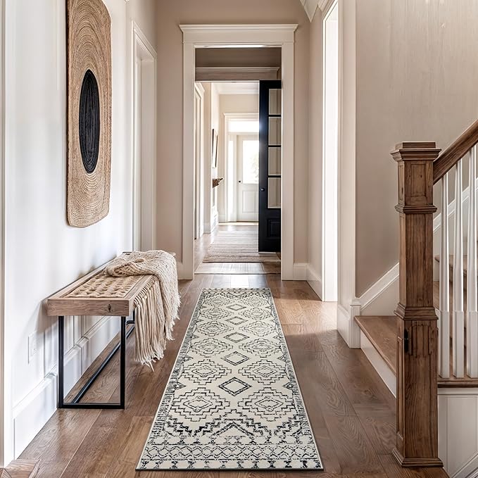 Rugshop Cream and Black Southwestern Tribal Area Rug – Boho Geometric Diamond Pattern Carpet for Living Room, Bedroom, or Entryway – Soft Modern Rustic Floor Décor 2' 3" x 12' Runner Cream