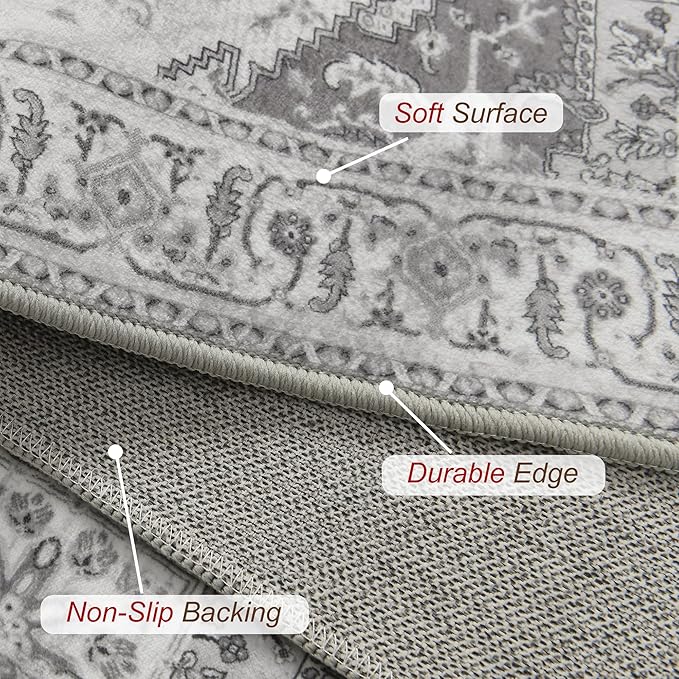 XWZO Runner Rug 2x6ft, Washable Hallway Runner with Non-Slip Backing, Vintage Spill Stain Resistant Floor Mat for Entryway Corridor Bedroom Kitchen, Soft Low-Pile Area Carpet, Grey