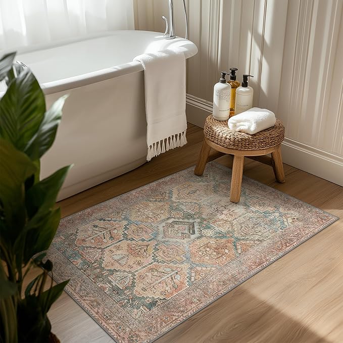 Bavni 2x3 Entryway Rug Bathroom Rugs for Front Door Bedroom Bathroom Kitchen, Washable Vintage Print Carpet, Ultra-Thin Chenille Lightweight Rug with Non Slip Backing, Clay