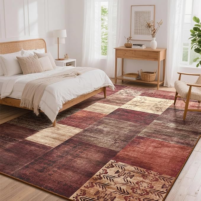 Tepook Modern Area Rug for Living Room, 8x10 Geometric Large Rugs for Bedroom, Washable Patchwork Rug Indoor Non-Slip Throw Carpets for Dining Room Office Farmhouse Home Decor, Red