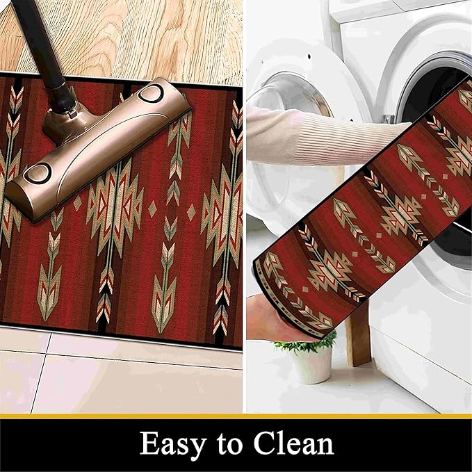 Red Arrow Runner Rug, 2x10ft Retro Geometric Hallway Runner Rug - Corridor & Busy Home Foyer Rugs, Washable Flannel Non-Slip Mat, Southwestern Tribe Decor Carpet for High-Traffic Areas