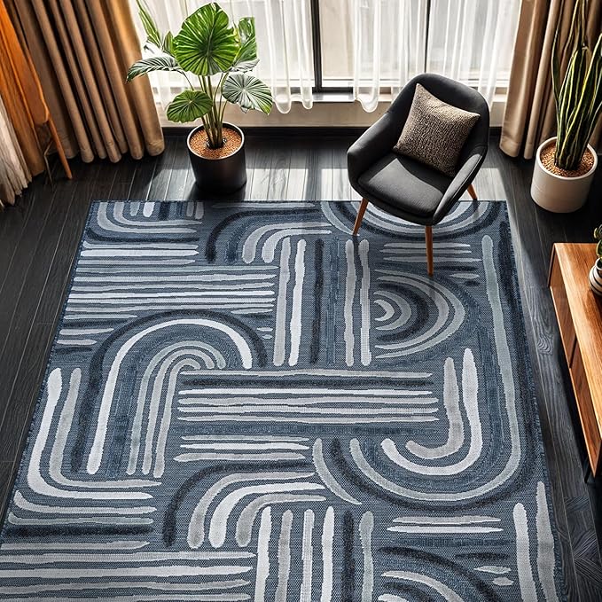 CAMILSON Indoor Outdoor Rug, Navy Blue 6x9 Geometric Arch Striped Area Rugs for Patio and Home Areas, Easy-Cleaning Non-Shedding Living Room, Garden and Deck Washable Outside Carpet (6 x 9)