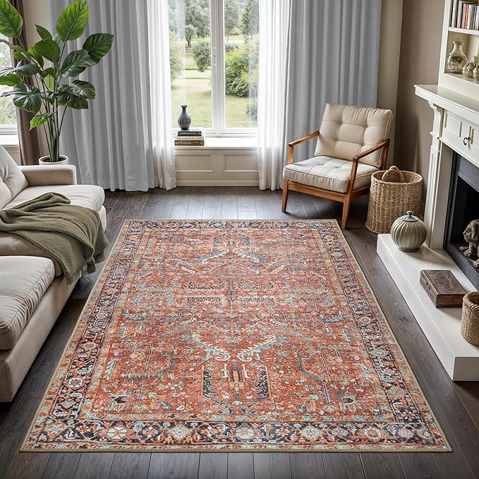 GLN Rugs Traditional Collection - Machine Washable Area Rug, Traditional Washable, Non Slip, Low Pile Chenille Rug, Living Room, Bedroom, Kitchen Rug (3' x 5' Terra/Multicolor 1168)