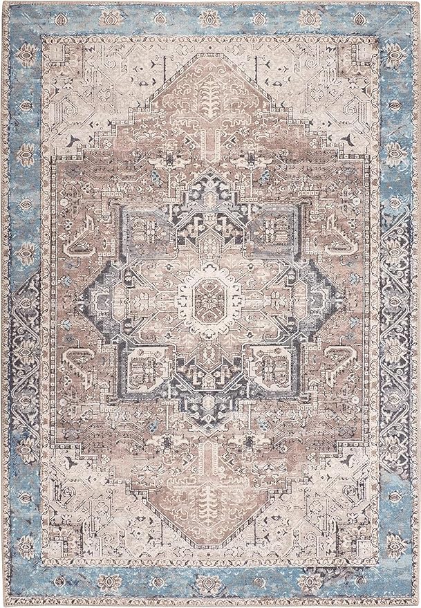 GLN Rugs Traditional Collection - Machine Washable Area Rug, Traditional Washable, Non Slip, Low Pile Chenille Rug, Living Room, Bedroom, Kitchen Rug (3' x 5' Brown/Blue)