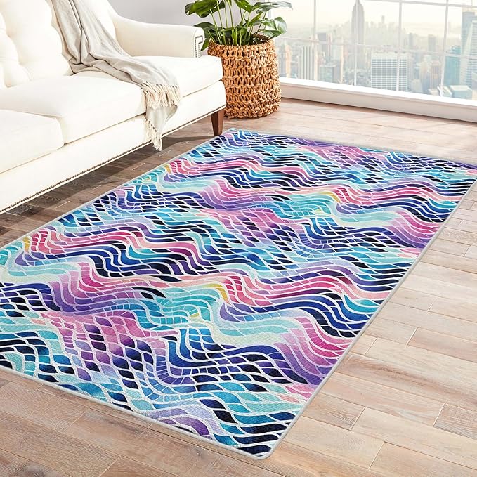 Colorful Wave Rug, 4x7 Rug, Abstract Watercolor Rugs for Entryway, Watercolor Large Area Rug, Washable Rug Non Slip Soft Indoor Carpet, Kids and Pets Friendly, Colorful Wave Home & Room Decor