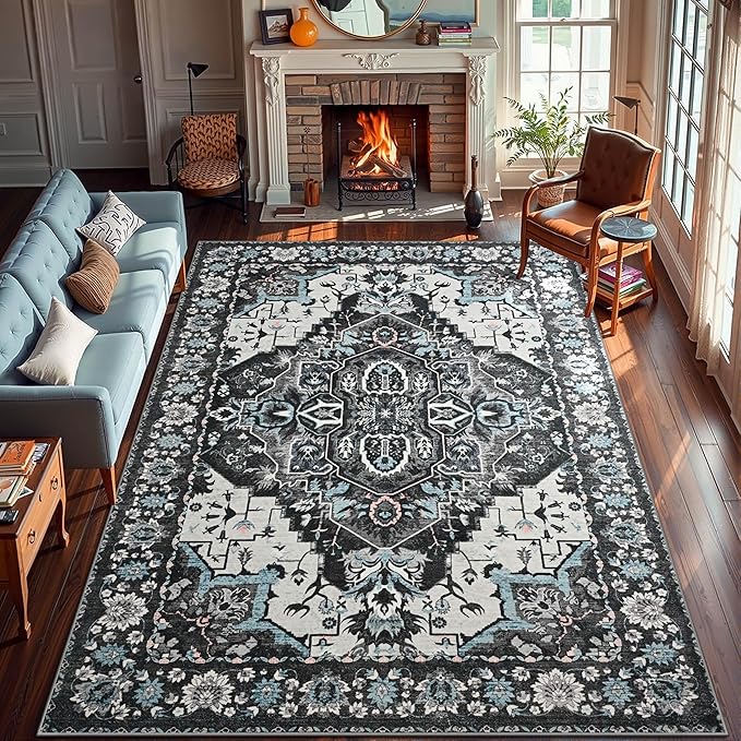 YJ.GWL Area Rugs for Living Room 8x10 Machine Washable Rugs, Non Slip Floral Vintage Rug Indoor Carpet, Stain Resistant Large Rug for Bedroom Dining Room, Black Grey Blue