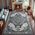 YJ.GWL Area Rugs for Living Room 8x10 Machine Washable Rugs, Non Slip Floral Vintage Rug Indoor Carpet, Stain Resistant Large Rug for Bedroom Dining Room, Black Grey Blue