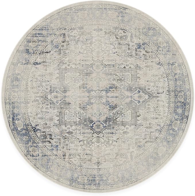 RUGGABLE Washable Vintage Area Rug – Kamran Blue Quartz 6 ft Round, Stain-Resistant, Non-Slip – Medium Machine Washable Rugs for Living Room, Bedroom, Hallway, Entryway & Office–with Standard Pad