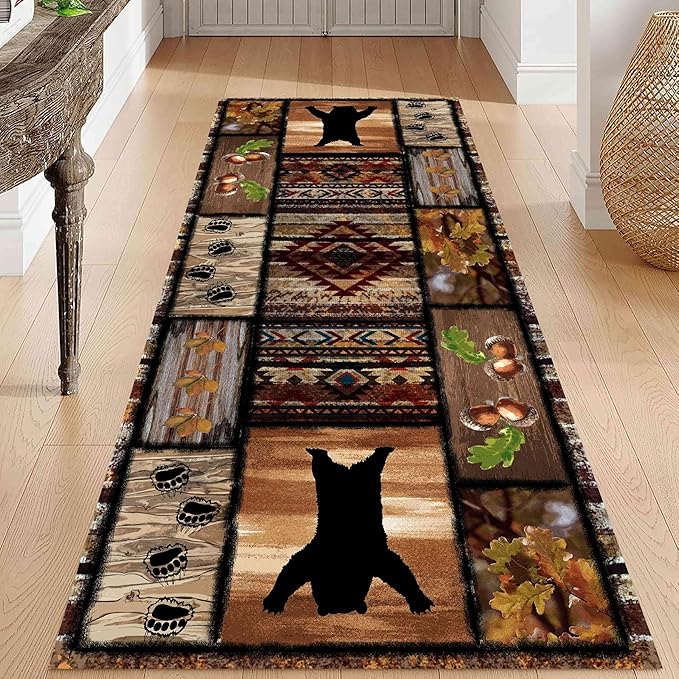 Wild Animal Bear Long Runner Rug, 2x8ft, Brown Geometric Stitching Non-Slip Kitchen Mat, Animal Bear and Plant Pine Cone Autumn Leaf Print Entrance Carpet, Southwest Country Style Indoor Decoration