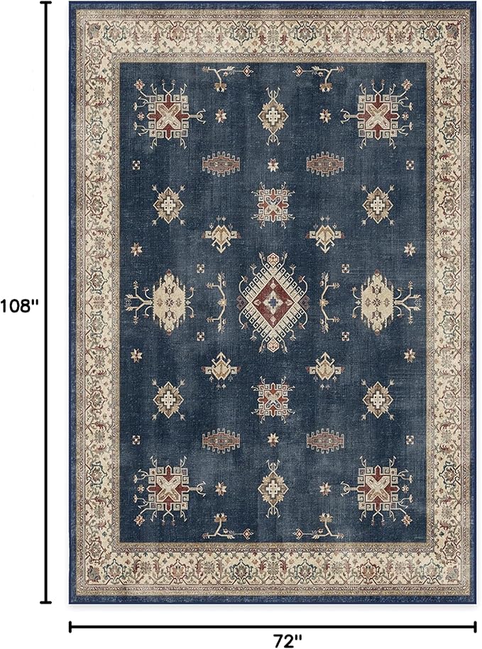 RUGGABLE Washable Vintage Area Rug – Verena Sapphire 6x9, Stain-Resistant, Non-Slip – Medium Machine Washable Rugs for Living Room, Bedroom, Hallway, Entryway & Office–with Standard Pad