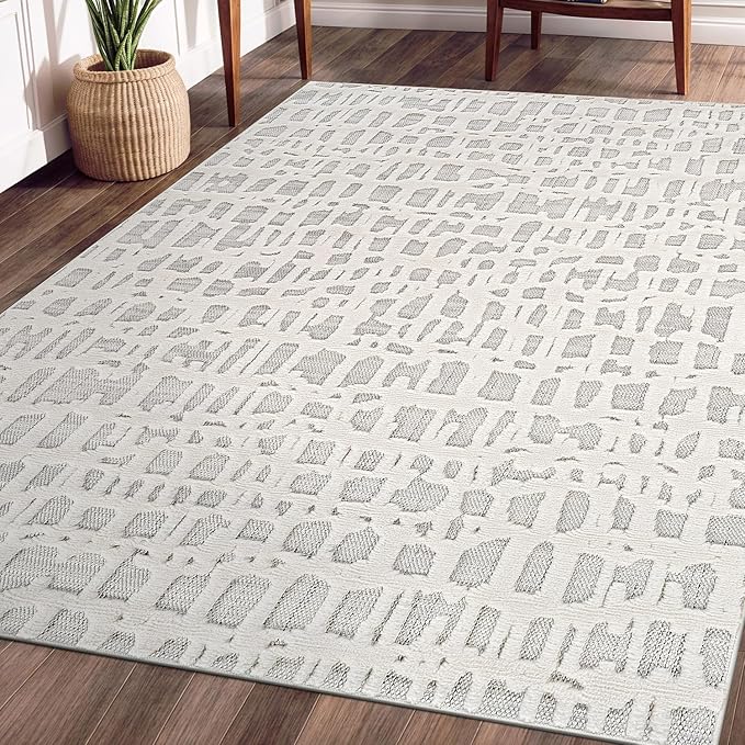 Beverly Rug Micro Loop Area Rug Gray/White 5x7 Abstract Modern Luxury Irregular Grid Durable Soft Indoor Rugs for Living Dining Room Office Stain Resistant Non Shedding Casual Indoor Carpet 5 x 7