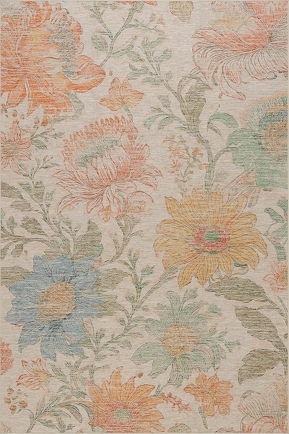 Dash & Albert Zell Multi Machine Washable Rug, 3 X 5 Feet, Multicolored/Tan Floral Pattern