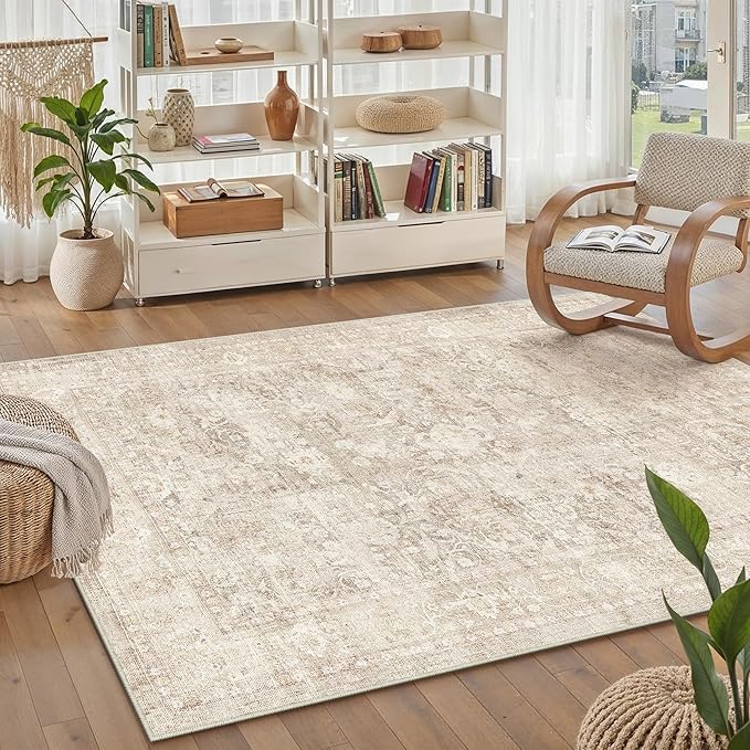 4x6 Beige Washable Area Rug for Living Room Bedroom Neutral Soft Non Slip Rug Low Pile Vintage Distressed Carpet for Dining Room Nursery Office Indoor