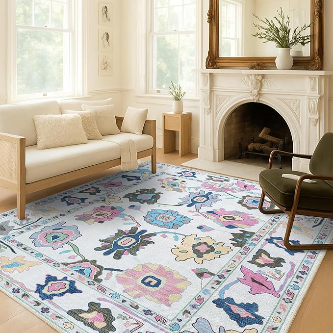 Fame Living Colorful Oushak Rug, Modern, Vintage, Turkish, Eclectic, Floral, Pastel, Washable, Area Rugs for Living Room, Dining, Bedroom, Office, Entryway, Foyer, Playroom, Nursery, 5'x6'9"