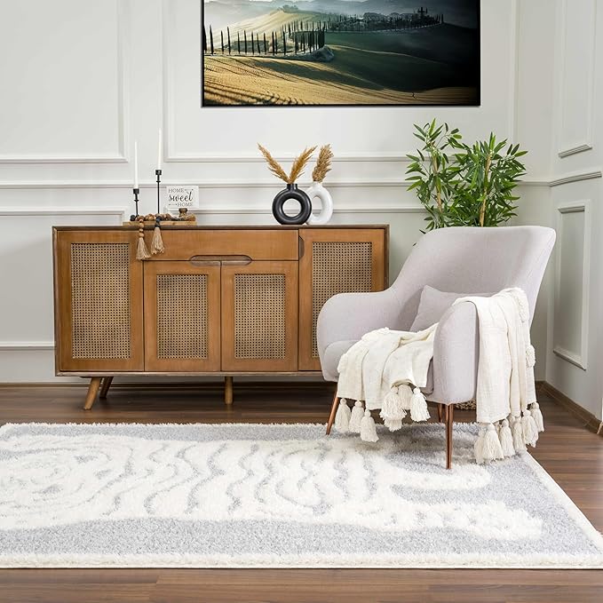 Hauteloom Tilos Moroccan Farmhouse Living Room Bedroom Nursery Shag Area Rug - Shaggy Carpet - Tiger Pattern - High Plush Pile - Light Grey, Beige, Cream - 5'3" x 7'