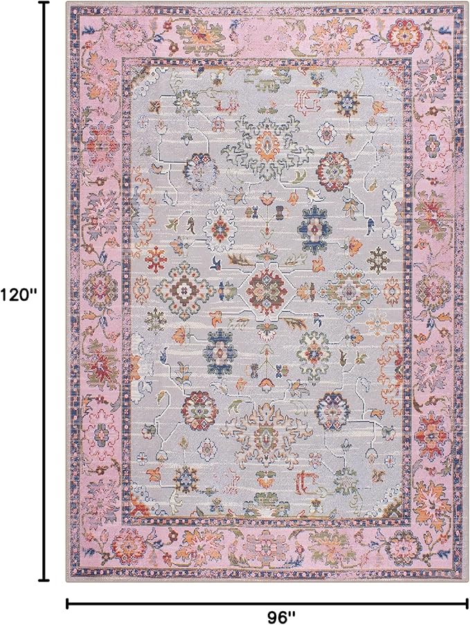 GLN Rugs Traditional Collection - Machine Washable Area Rug, Traditional Washable, Non Slip, Low Pile Chenille Rug, Living Room, Bedroom, Kitchen Rug (8' x 10' Pink/Blue/Multicolor)