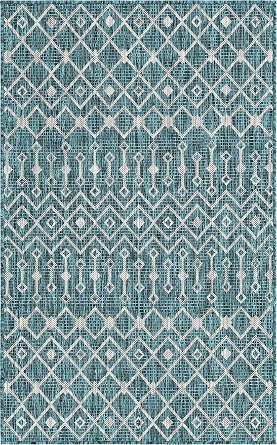 Unique Loom Outdoor Trellis Collection Area Rug - Tribal Trellis (3' 3" x 5' 3" Rectangle, Teal/ Ivory)
