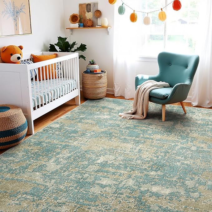 WITSHOCK Living Room Area Rugs 10x12：Modern Abstract Machine Washable Large Rug for Bedroom Dining Room Non-Slip Stain Resistant Home Office Decor,Teal Brown