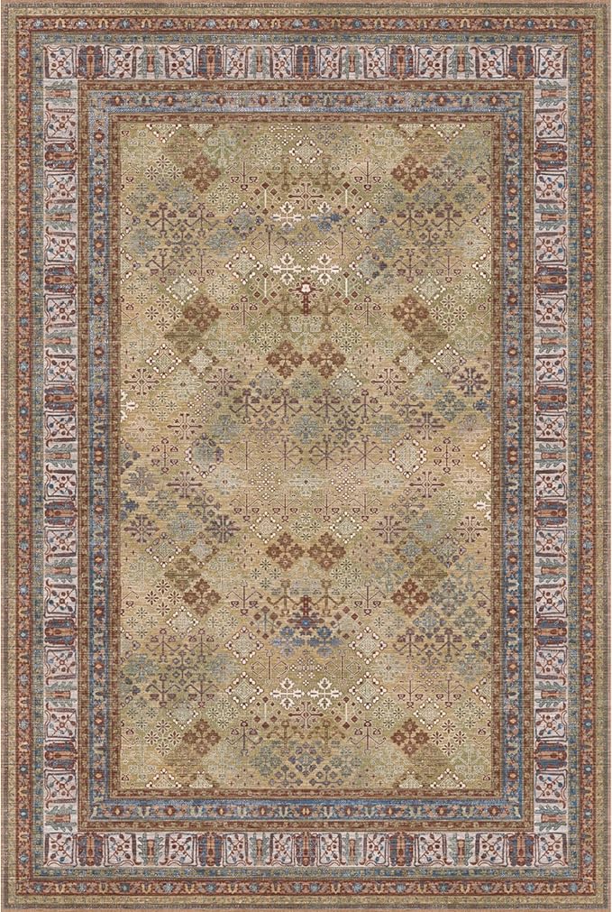 Kuden 5x7 Area Rug, Machine Washable Area Rug with Non-Slip Backing, Vintage Style, Soft, Easy Clean, Low Pile Rug for Living Room, Bedroom, Dining Room