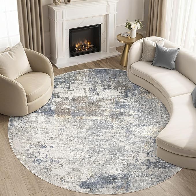 6ft Round Area Rug Living Room Rugs - 6x6 Washable Neutral Modern Abstract Soft Thin Rug Indoor Floor No Slip Rug Carpet for Bedroom Under Dining Table Home Office Decor - Blue Grey