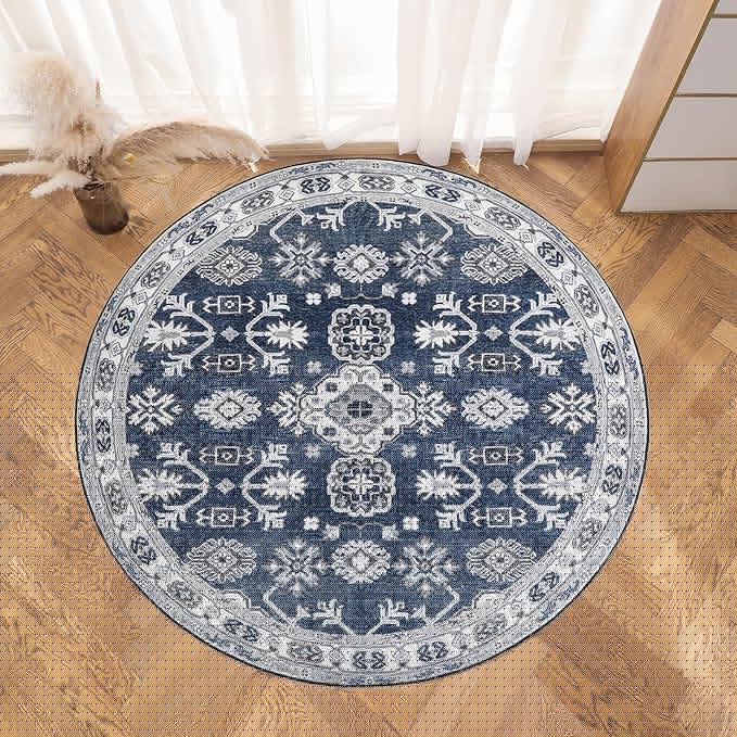VK VK·LIVING Round Washable Rug 5'Ft Vintage Machine Washable Area Rugs with Non Slip Round Rugs for Living Room Bedroom Traditional Woven Carpet Stain Resistant Dining Home Office Boho Rug (Navy)
