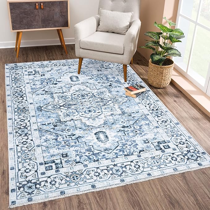 Bloom Rugs Caria Washable Non-Slip 3x5 Rug - Blue Traditional Area Rug for Living Room, Bedroom, Dining Room, and Kitchen - Exact Size: 3' x 5'