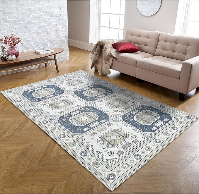 Fame Living Faded Oushak Rug, Turkish Vintage Floral Pastel Large Oversized Area Rugs for Living Room Dining Bedroom Kitchen Bathroom Nursery (848CrNv, 7'5" x 9'8")