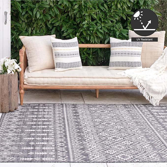 FH Home Flat Woven Outdoor Rug - Waterproof, Easy to Clean, Stain Resistant - Premium Polypropylene Yarn - Boho Moroccan - Large Patio, Deck, Sunroom - Dakar - Charcoal - 7ft 10in x 10ft 9in